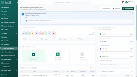 Enterprise AI Agentic Optimization configuration interface displaying system architecture with Branch & Bound algorithm, MILP + CP-SAT solver, data ingestion pipeline options, order queue management, and configurable objective function weights for cost, time, quality, and ESG optimization
